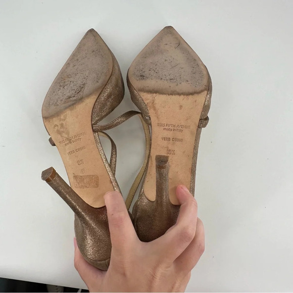 Saks Fifth Avenue heels 8.5 nubuck bronze leather pointy toe stilettos metallic - Picture 7 of 14